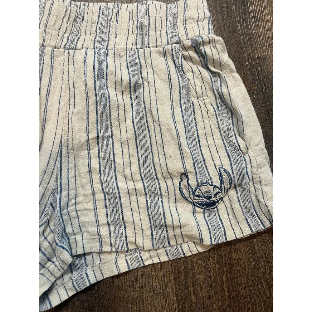 Disney Parks stitch embroidered shorts blue pinstripe linen blend size medium